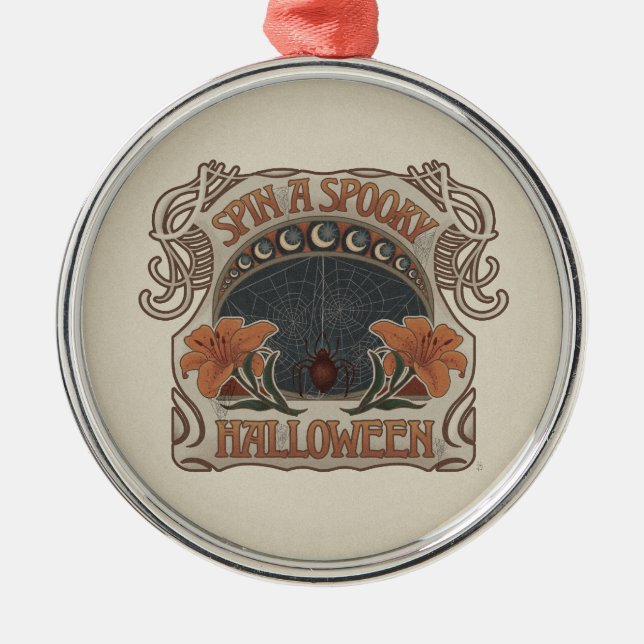 Spooky Halloween Spiders & Lily Victorian Vintage Metal Ornament (Front)