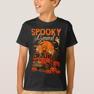 Spooky Halloween Squad Skeleton Driving Firetruck T-Shirt