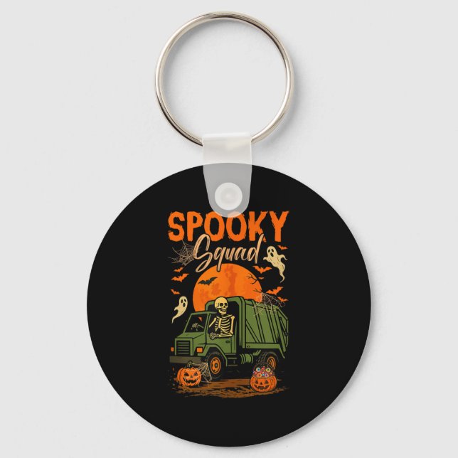 Spooky Halloween Squad Skeleton Driving Garbage Tr Keychain (Front)