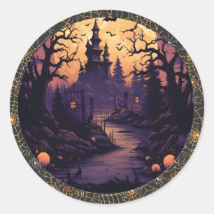Spooky Halloween sticker of castle, bats, pumpkins