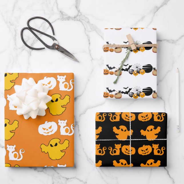 Spooky Halloween Symbols BOO Jack O Lanterns Moon  Wrapping Paper Sheet (Front)
