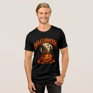 Spooky Halloween T-Shirt – Pumpkin, Bats & Haunted Tri-Blend Shirt