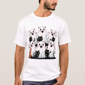 Spooky Halloween T-Shirt with Ghosts, Black Cats