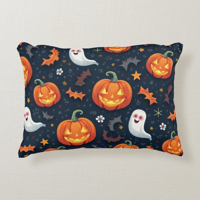 Spooky Halloween Throw Pillow with Pumpkins&Ghost (Front)
