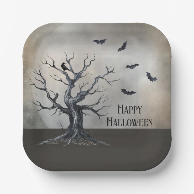 Spooky Halloween Tree with Raven and Bats Paper Plate (Front)