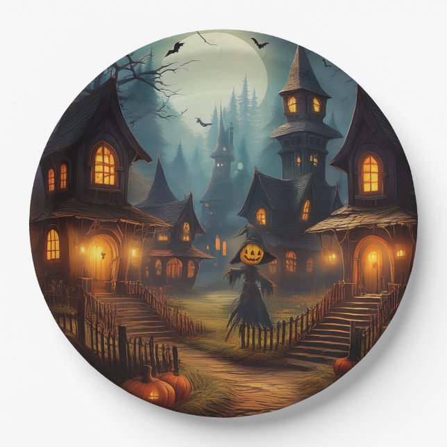 Spooky Halloween Village With Scare Crow Paper Plate (Front)