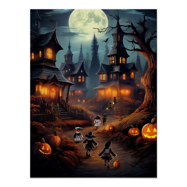 Spooky Halloween Village With Trick or Treators Poster (Front)