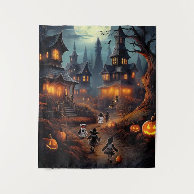 Spooky Halloween Village With Trick or Treators Tapestry (Front)