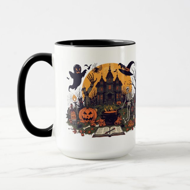 Spooky Halloween Vintage Design – Ghost, Pumpkin  Mug (Left)