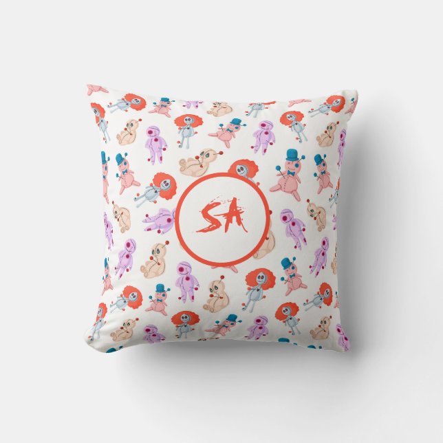 Spooky Halloween Voodoo Dolls Red Pink Blue White Throw Pillow (Front)