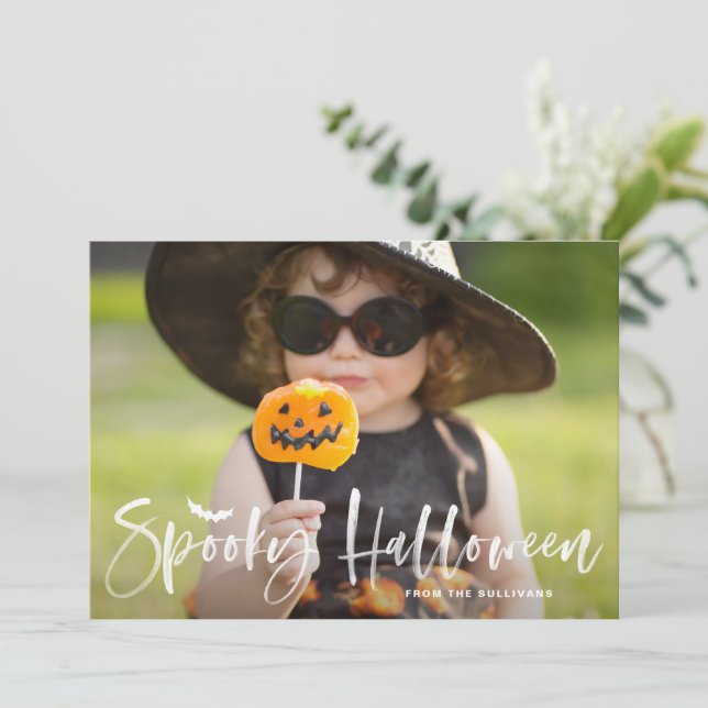 Spooky Halloween White Brush Lettering Photo Holiday Card (Standing Front)