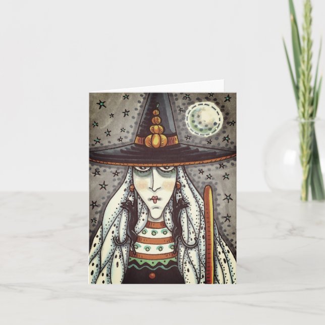 SPOOKY HALLOWEEN WITCH, BLACK CAT EARRINGS Blank Card (Front)