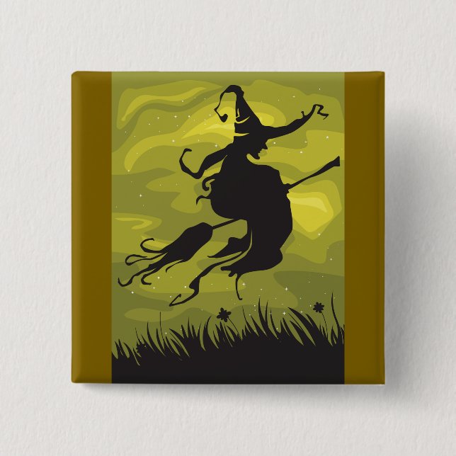 Spooky Halloween Witch Flying on Broomstick 2 Inch Square Button (Front)