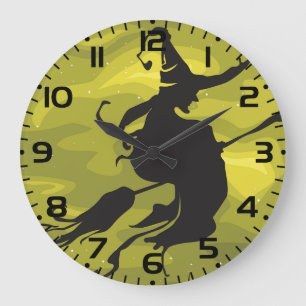 Spooky Halloween Witch Flying on Broomstick Large Clock
