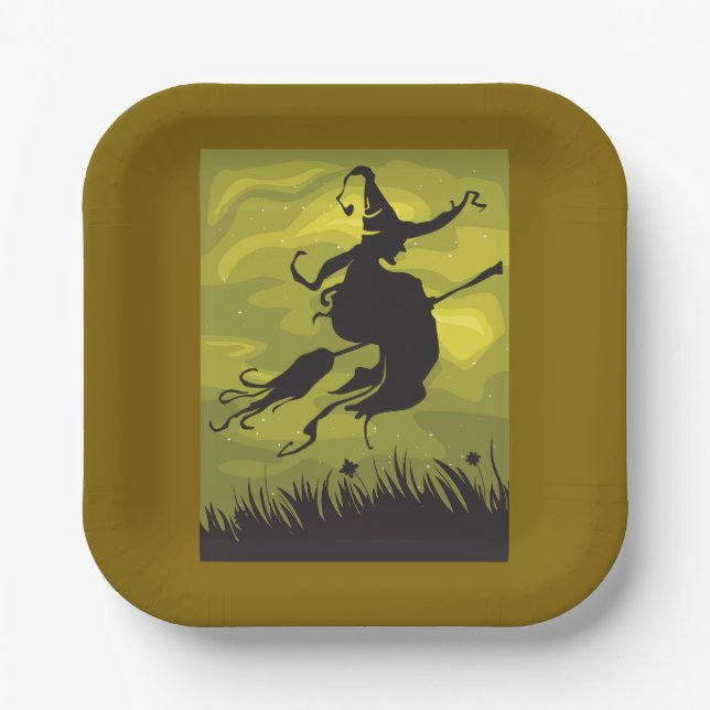 Spooky Halloween Witch Flying on Broomstick Paper Plate (Front)