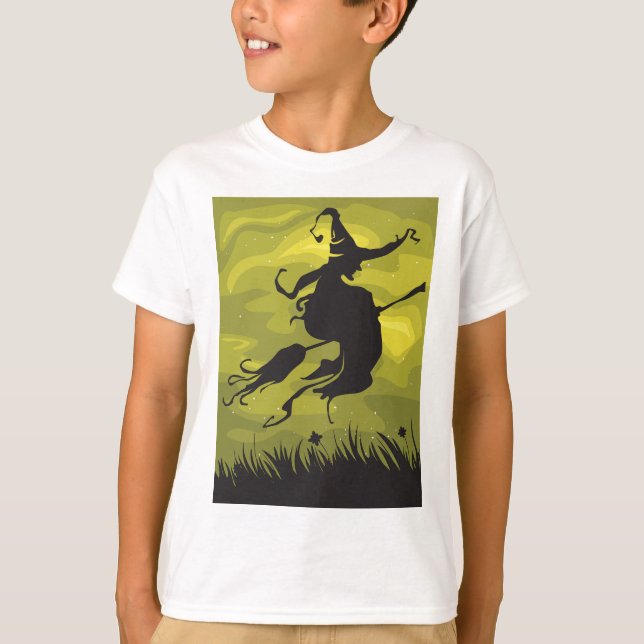 Spooky Halloween Witch Flying on Broomstick T-Shirt (Front)