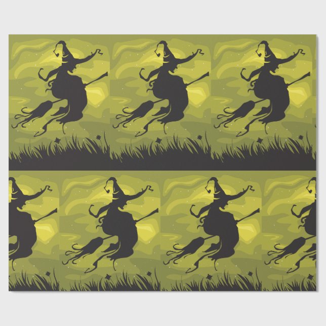 Spooky Halloween Witch Flying on Broomstick Wrapping Paper (Flat)