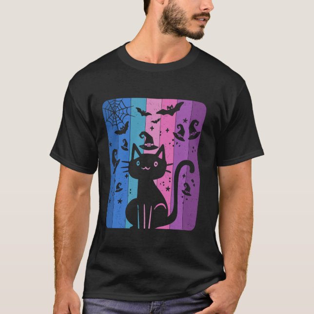 Spooky Halloween Witch Hat Cute Funny Bats Cat Lov T-Shirt (Front)