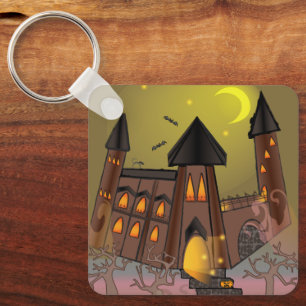 Spooky Halloween witch house and vampires castle Keychain