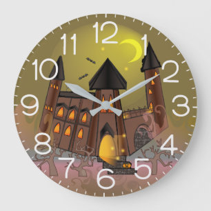Spooky Halloween witch house and vampires castle  Large Clock