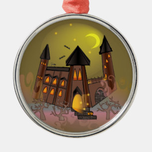 Spooky Halloween witch house and vampires castle Metal Ornament