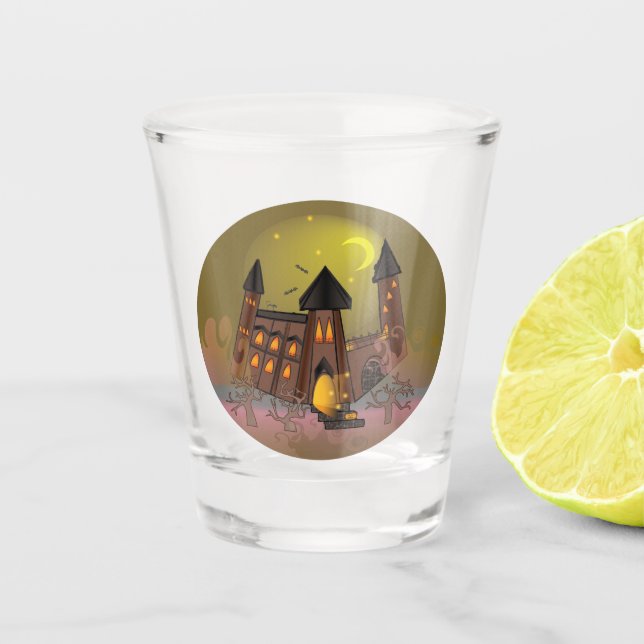Spooky Halloween witch house and vampires castle  Shot Glass (Front)