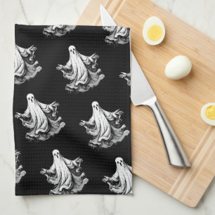 Spooky Halloween with black and white ghosts Kitchen Towel