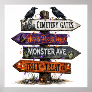 Spooky Halloween Wooden Directional Signpost Poster