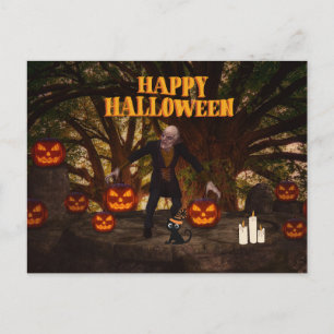 Spooky Halloween Zombie and Pumpkins Holiday Postcard