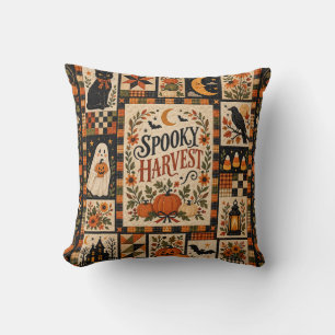 Spooky Harvest Vintage Halloween Patchwork Throw Pillow
