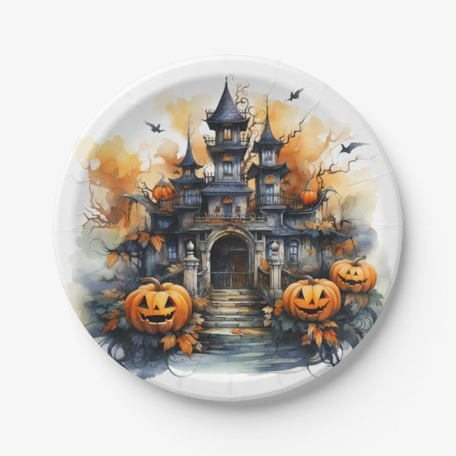 Spooky Haunted Castle Halloween Paper Plate (Front)