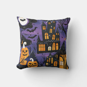 Spooky Haunted Castle Jack-O-Lantern Halloween Throw Pillow
