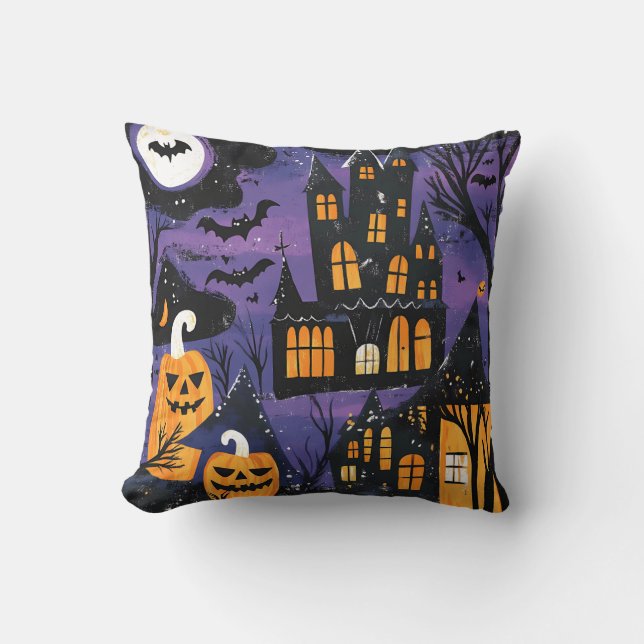 Spooky Haunted Castle Jack-O-Lantern Halloween Throw Pillow (Front)