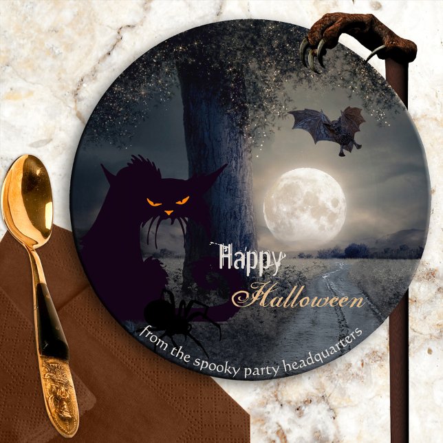 Spooky Haunted Halloween Black Cat Paper Plate (Haunted Halloween paper plates showing a night scene with black cat, spider and bat at full moon)