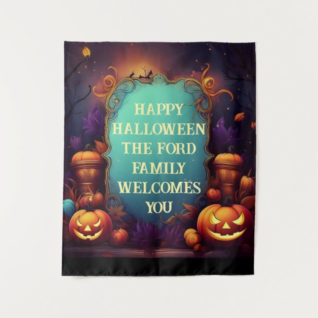 Spooky Haunted Halloween Personalized Greetings Tapestry (Front)