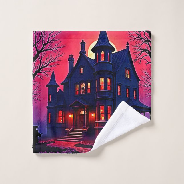Spooky Haunted House at Dusk Design Bath Towel Set (Wash Cloth)