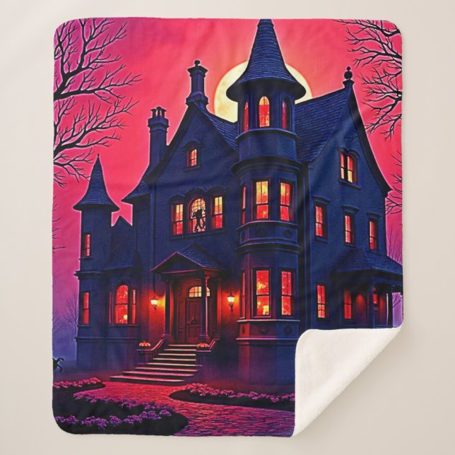 Spooky Haunted House at Dusk Design Sherpa Blanket (Front)