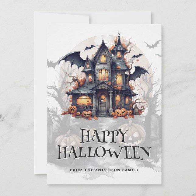 Spooky Haunted House Bats Pumpkins Halloween Holiday Card (Front)