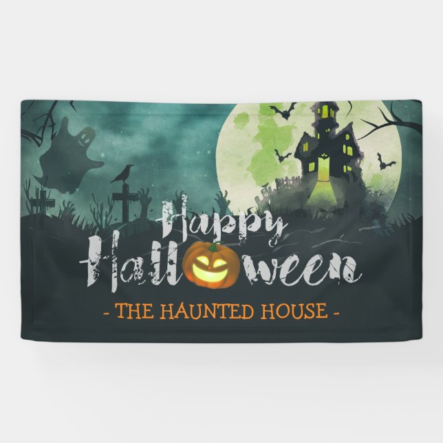 Spooky Haunted House Costume Night Sky Halloween Banner (Horizontal)
