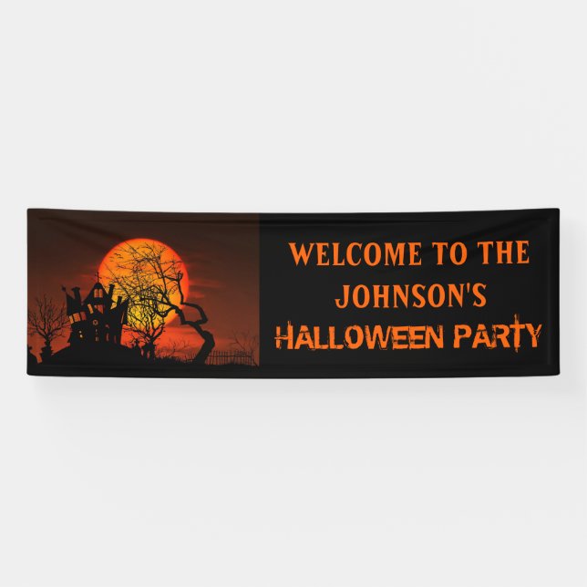 Spooky Haunted House & Full Moon Halloween  Party Banner (Horizontal)