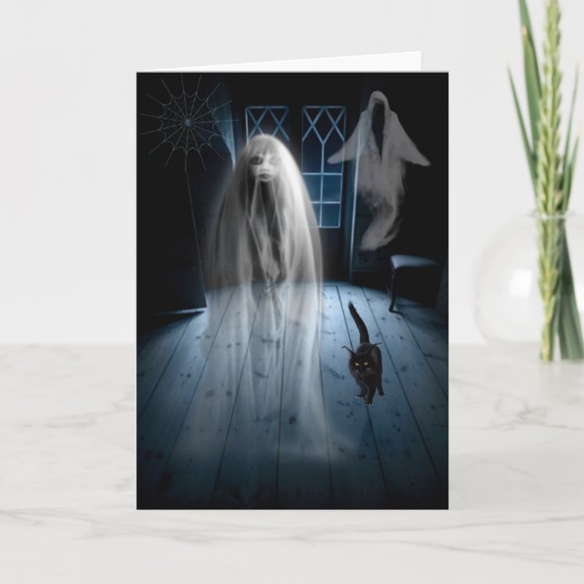 Spooky Haunted House Ghost Halloween Card (Front)