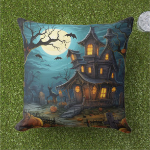 Spooky Haunted House Halloween Autumn Decor Design Outdoor Pillow