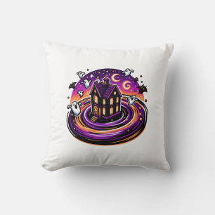 Spooky Haunted House Halloween Cute Ghosts & Bats Throw Pillow