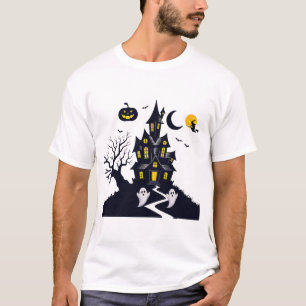 Spooky Haunted House Halloween Ghosts & Full Moon T-Shirt