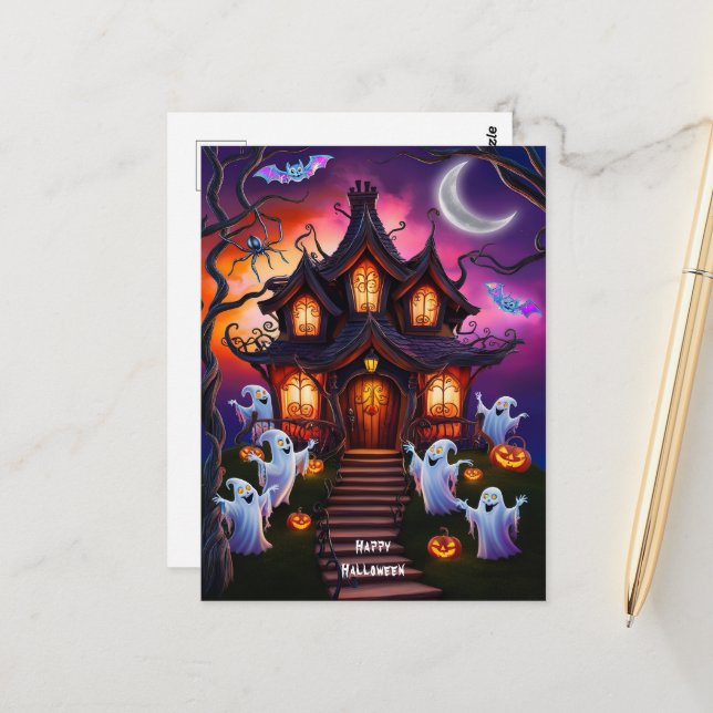 Spooky Haunted House Halloween Night Scene Postcard (Front/Back In Situ)