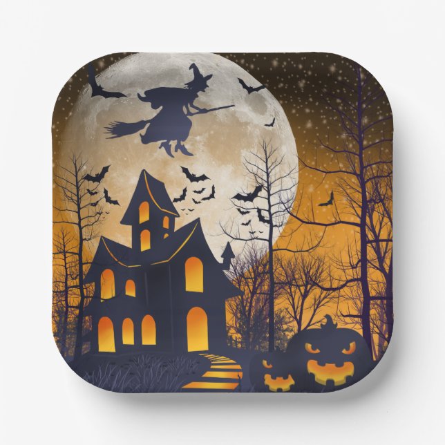 Spooky Haunted House Halloween Paper Plate (Front)