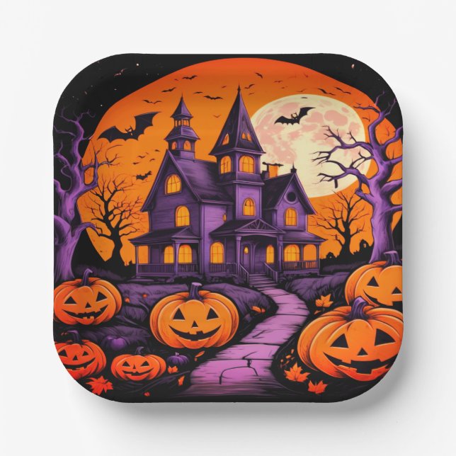 Spooky Haunted House Halloween Paper Plate (Front)