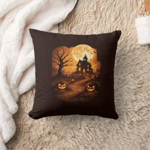 Spooky Haunted House Halloween Throw Pillow