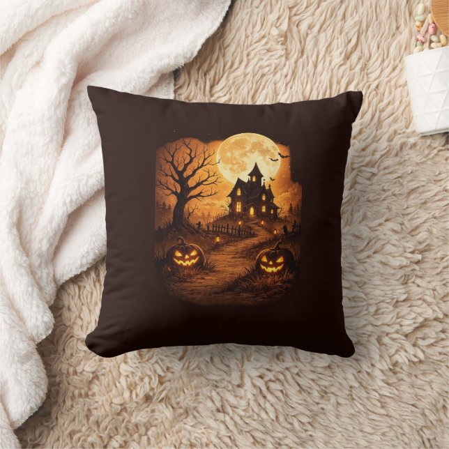 Spooky Haunted House Halloween  Throw Pillow (Blanket)