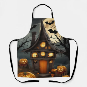 Spooky Haunted House Pumpkin & Full Orange Moon Apron